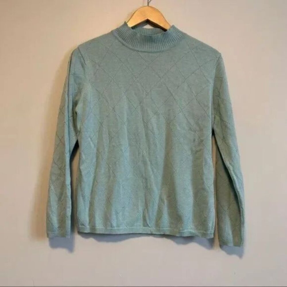 Vintage fine knitted light sea blue diamond pattern sweater Size M